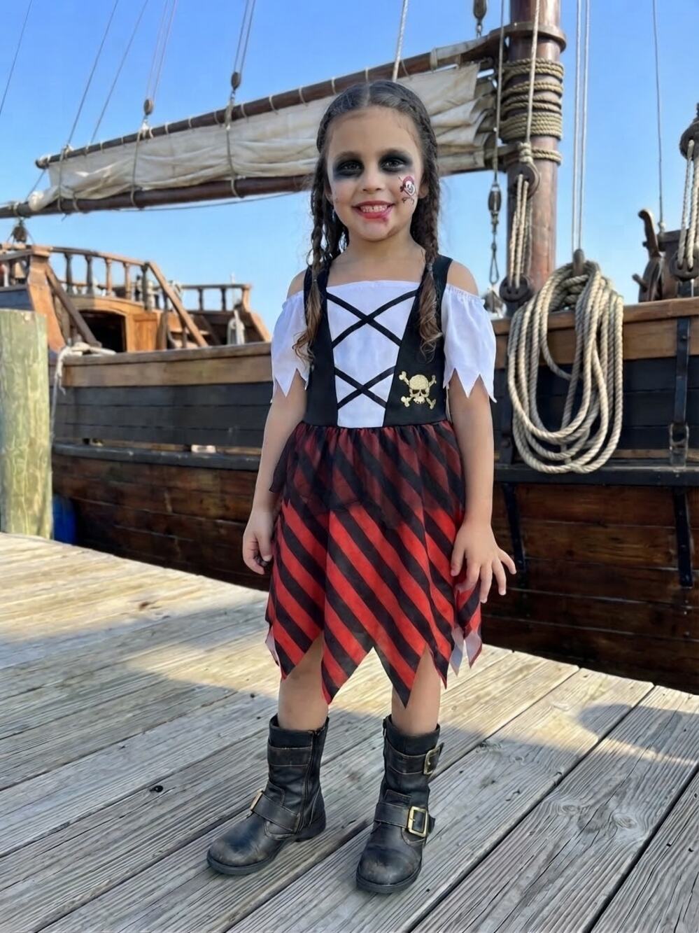 Girls Pirate Costume Dress Red Black Skull Crossbones Size 6 6X Halloween Dress